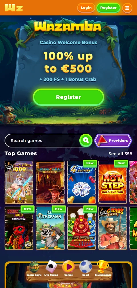 Wazamba Casino desde el navegador del celular con el lobby adaptado a pantalla