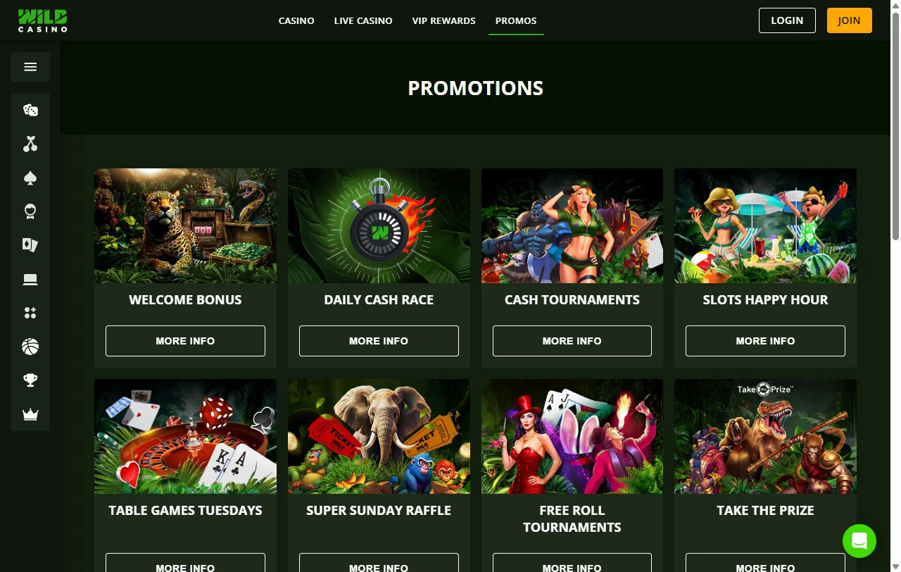 Catálogo de tragamonedas de Wild Casino con títulos de Betsoft y BGaming