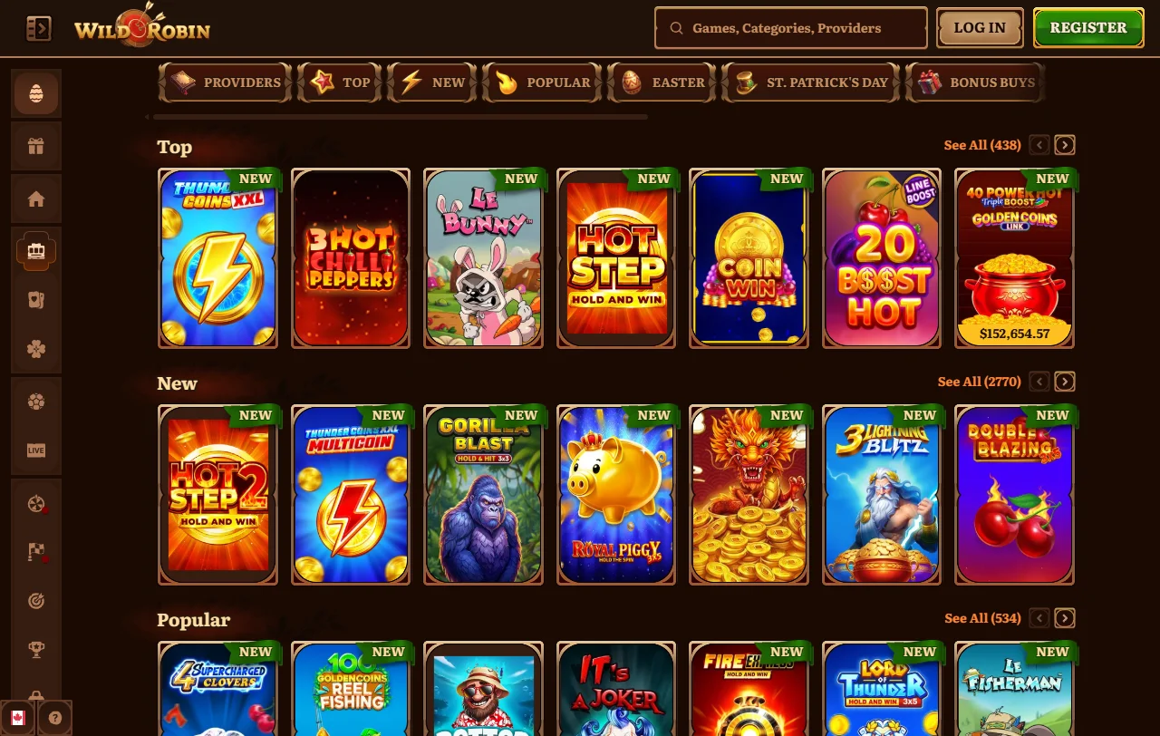 Catálogo de juegos de Wild Robin con tragamonedas de Play
