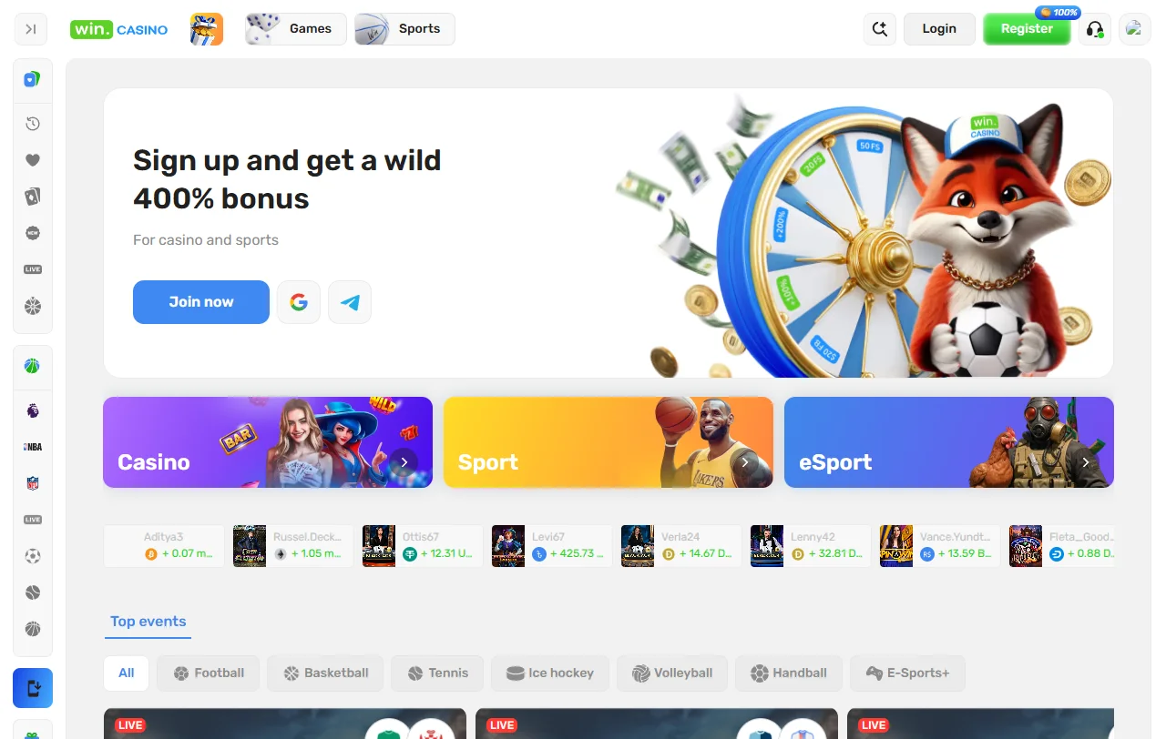 Portada de Win Casino con secciones de casino y apuestas deportivas para Chile