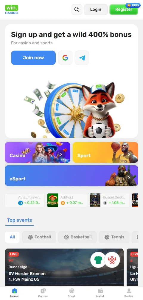 Win Casino en el celular con acceso a juegos, deportes, billetera y perfil