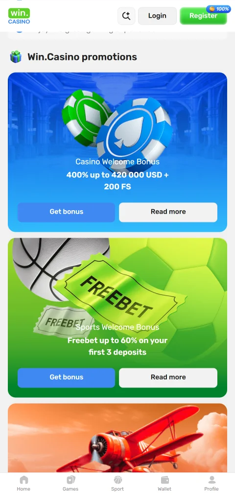 Cajero móvil de Win Casino con Visa, Mastercard, AstroPay y depósitos en USDT