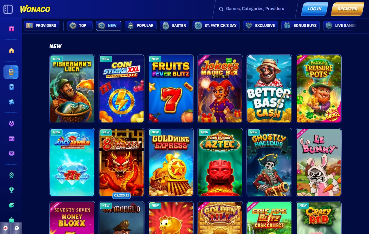 Catálogo de juegos de Wonaco Casino con filtro por proveedor y más de 10.000 títulos