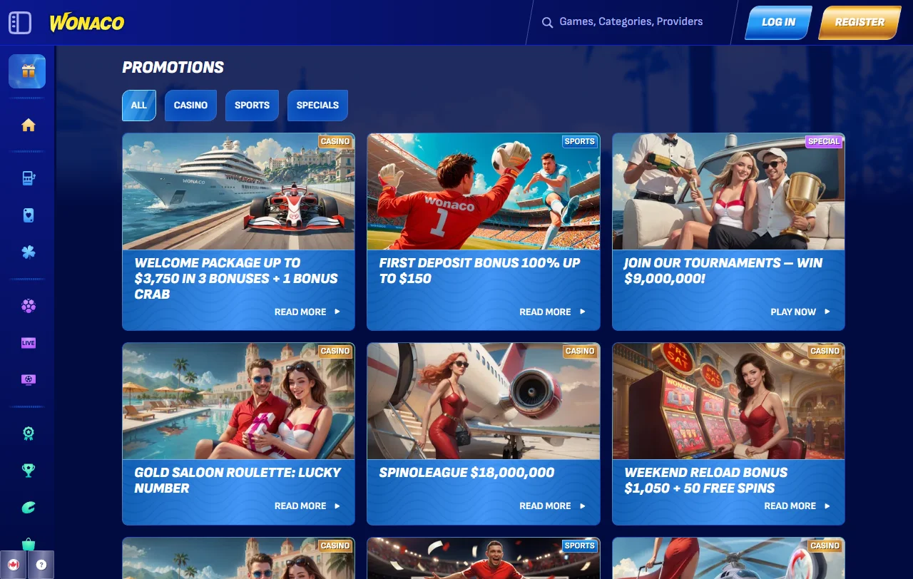 Paquete de bienvenida de Wonaco Casino de hasta 2.500.000 CLP en tres depósitos