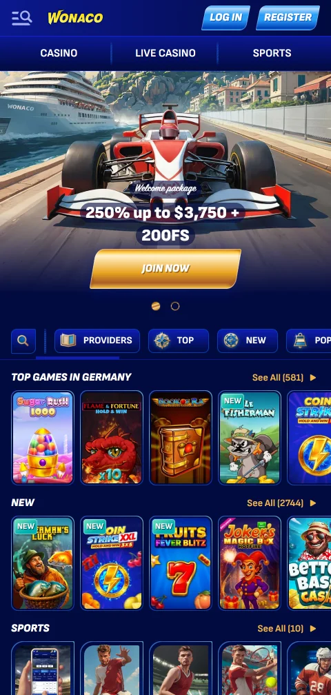 Versión móvil de Wonaco Casino como web app instalable desde el navegador